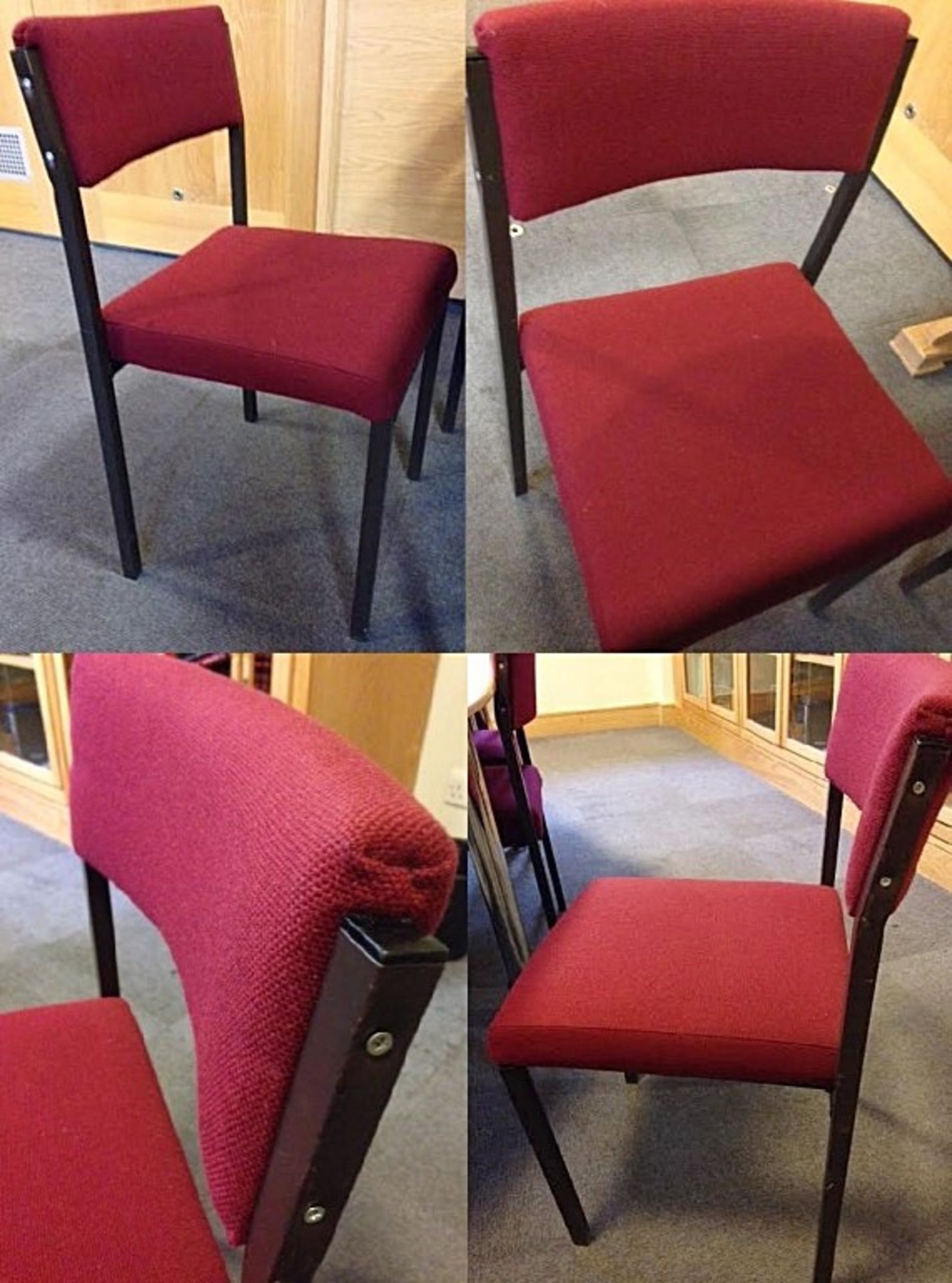 10 x Stacking Chairs - Burgundy Fabric - All In Good Condition - General Purpose Stacking Chairs For