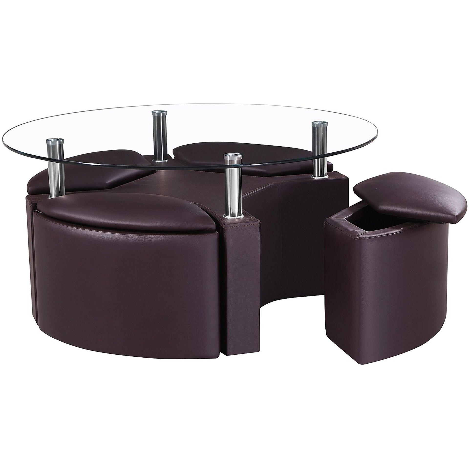 1 x Dakota Round Coffee Table with 4 Ottoman Storage Stools - Colour: BROWN - CL112 - Location: