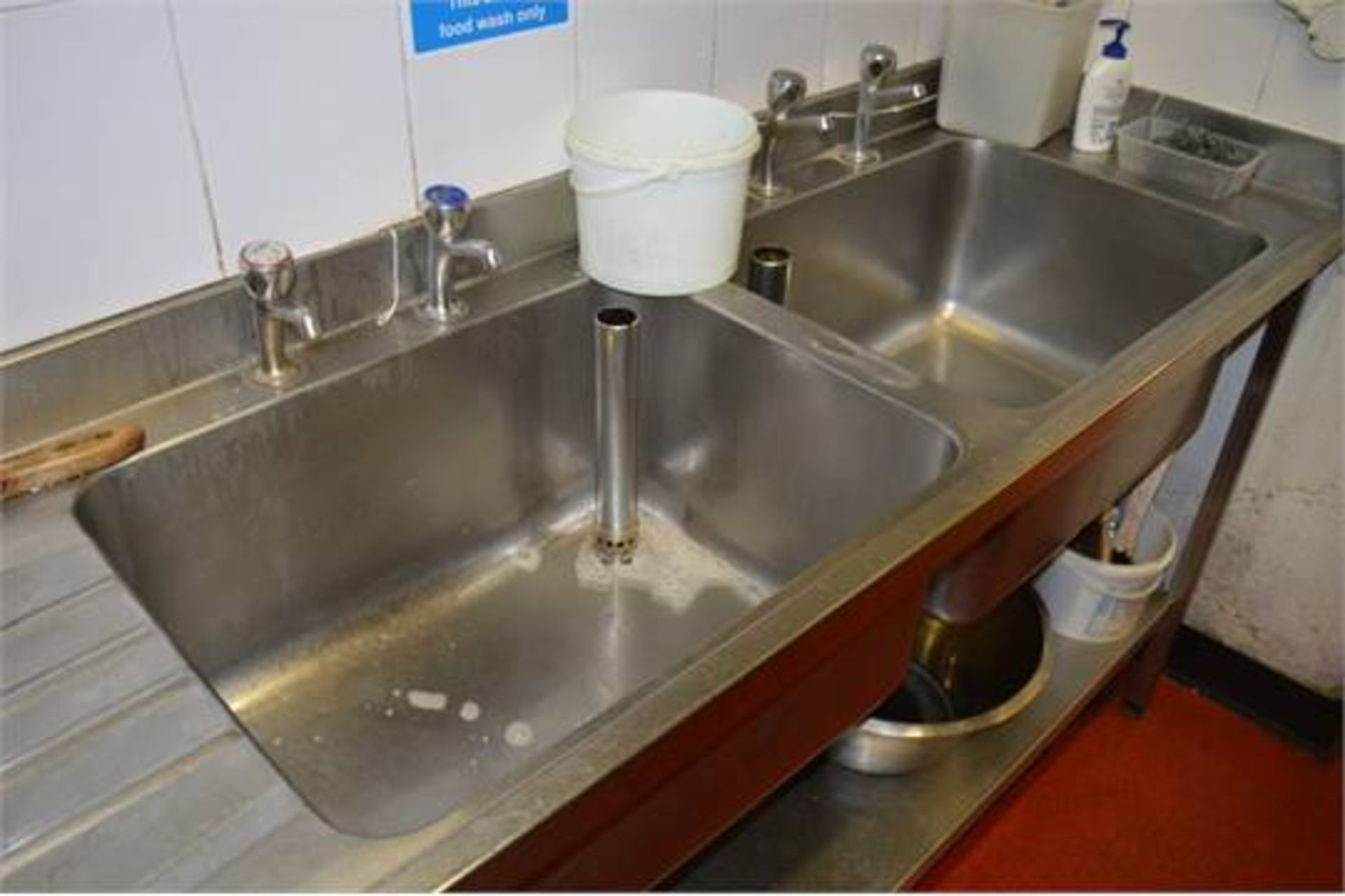 1 x Stainless Steel Double Bowl Sink Counter With Plug Straines - H87 x W251 x D60 cms - Ref GD212 - - Image 3 of 4