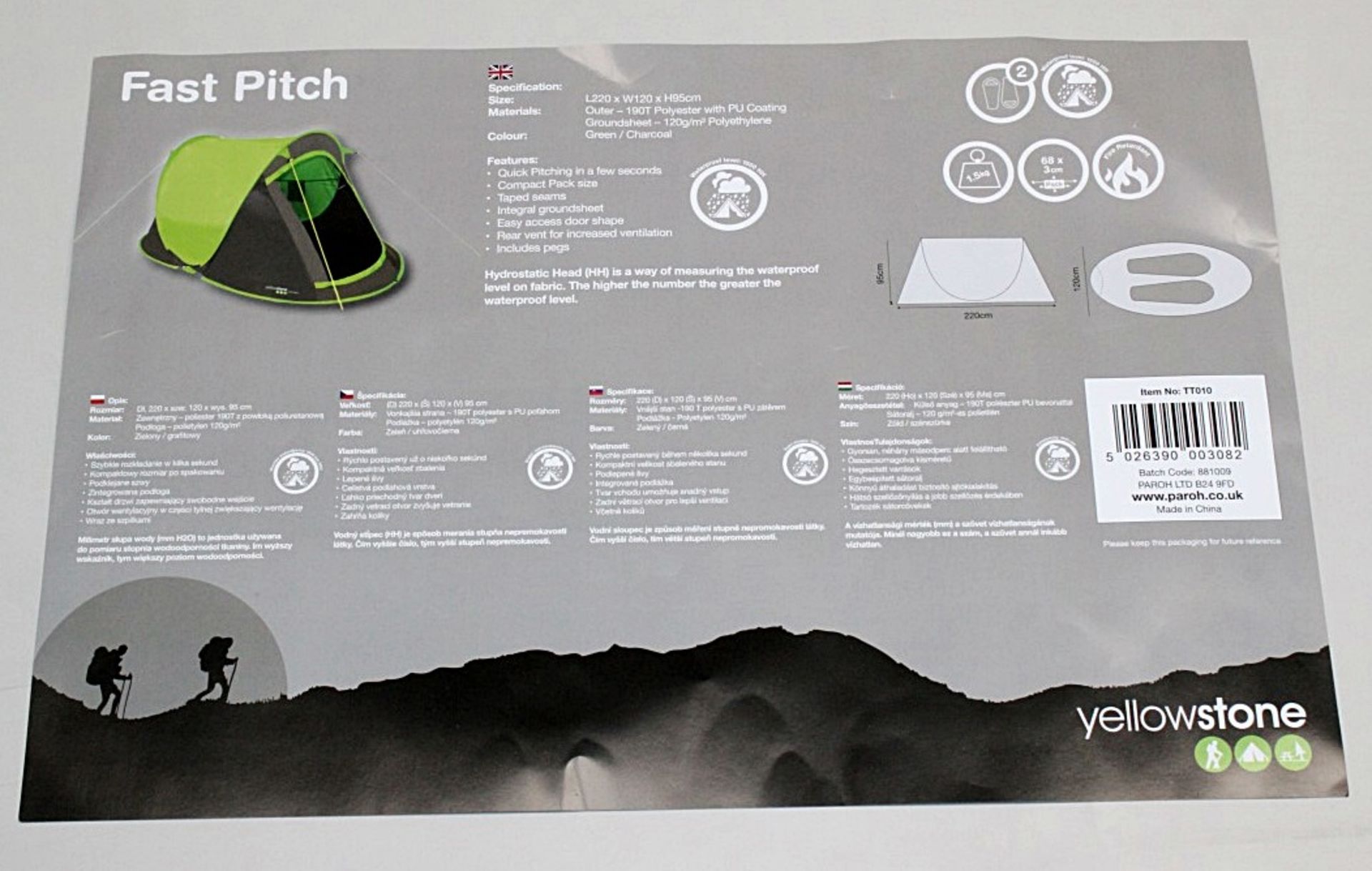 1 x Yellowstone Fast Pitch 2-Man Pop-up Tent In Green (TT010) - Fire Retardant - Waterproof - - Image 5 of 5