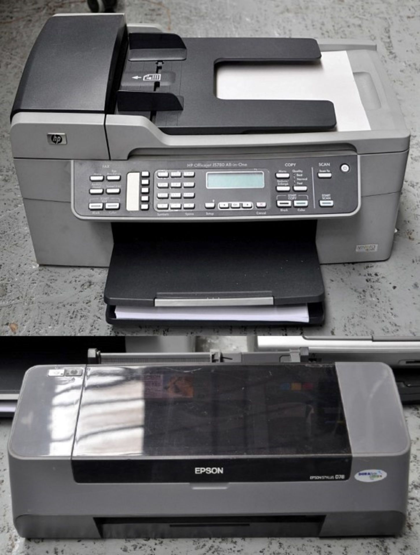 2 x Office Printers - Lot Includes: 1 x HP Officejet JS780 & 1 x Epson Stylus D78 - Taken From A