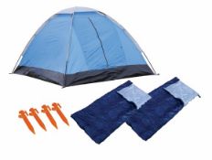 1 x Festival Camping Kit - Includes 2-Person Tent, 2 x Sleeping Bags x 4 LED Tent Pegs - Brand New &