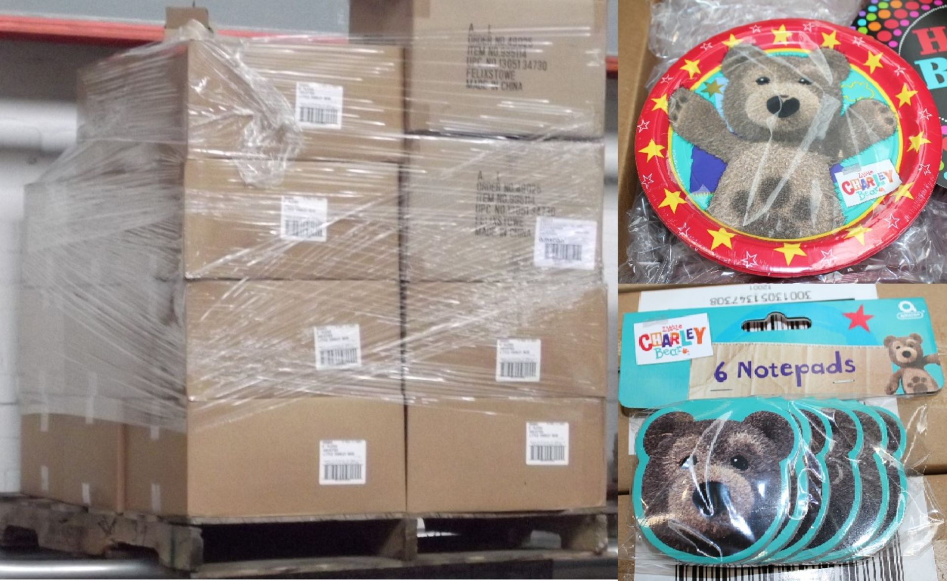 **PALLET LOT** Little Charlie Bear Partywear - Includes Boxes of Paper Plates & Notes Pads -