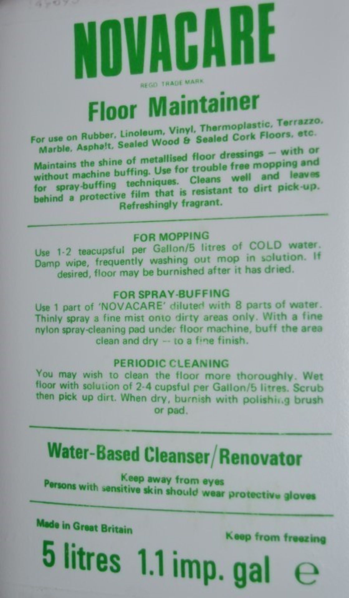4 x Novacare Floor Maintainer - Water Based Cleanser / Renovator - 5 Litres Each - Suitable For - Image 2 of 2