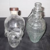 2 x Rare Novelty Glass Bottles / Decaters (empty) - Includes 1 x Skull, and 1 x Grenade Shaped -