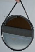 1 x Eichholtz Rounded Bevelled Mirror With Black Leather-60cm Diameter - CL087- Location: Altrincham