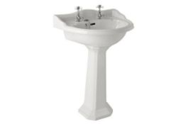 1 x Davenport 2 Tap Hole Sink Basin With Full Pedestal - 59cm Wide - Vogue Bathrooms - Brand New
