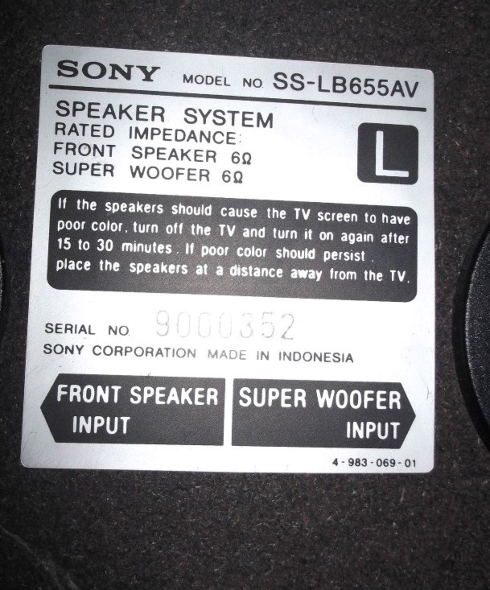 Set of 2 x Sony Speakers With Built-In Super Woofer - Model: SS-LB655AV- PD064 - CL079 - Location: - Image 5 of 6