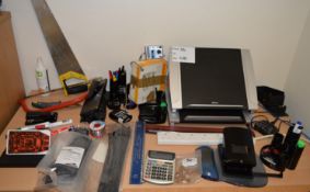 1 x Assorted Collection of Stationary and Tools - Includes Laptop Stands, Calculator, Hole