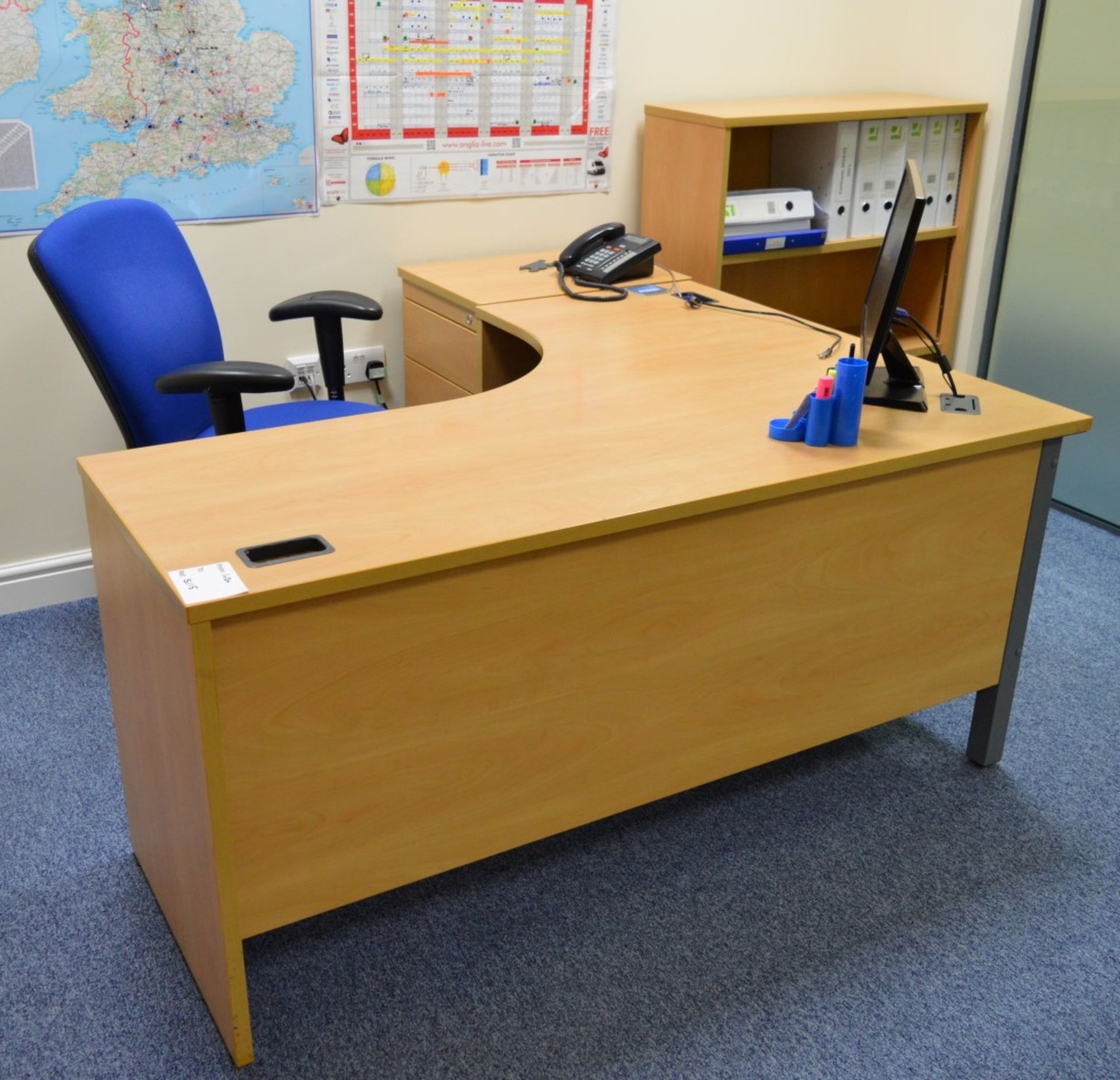 1 x Office Furniture Set Including Large Desk, Drawer Pedestal, Swivel Chair and Shelving Unit -