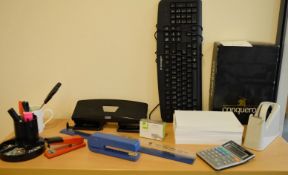 1 x Assorted Collection of Stationary - Includes Keyboard, Writing Pads, Calculator, Staplers,