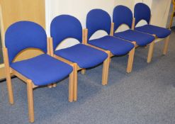 5 x Wood Reception Chairs With Waterfall Front Seat Cushions - Beech Wood and Blue Hardwearing
