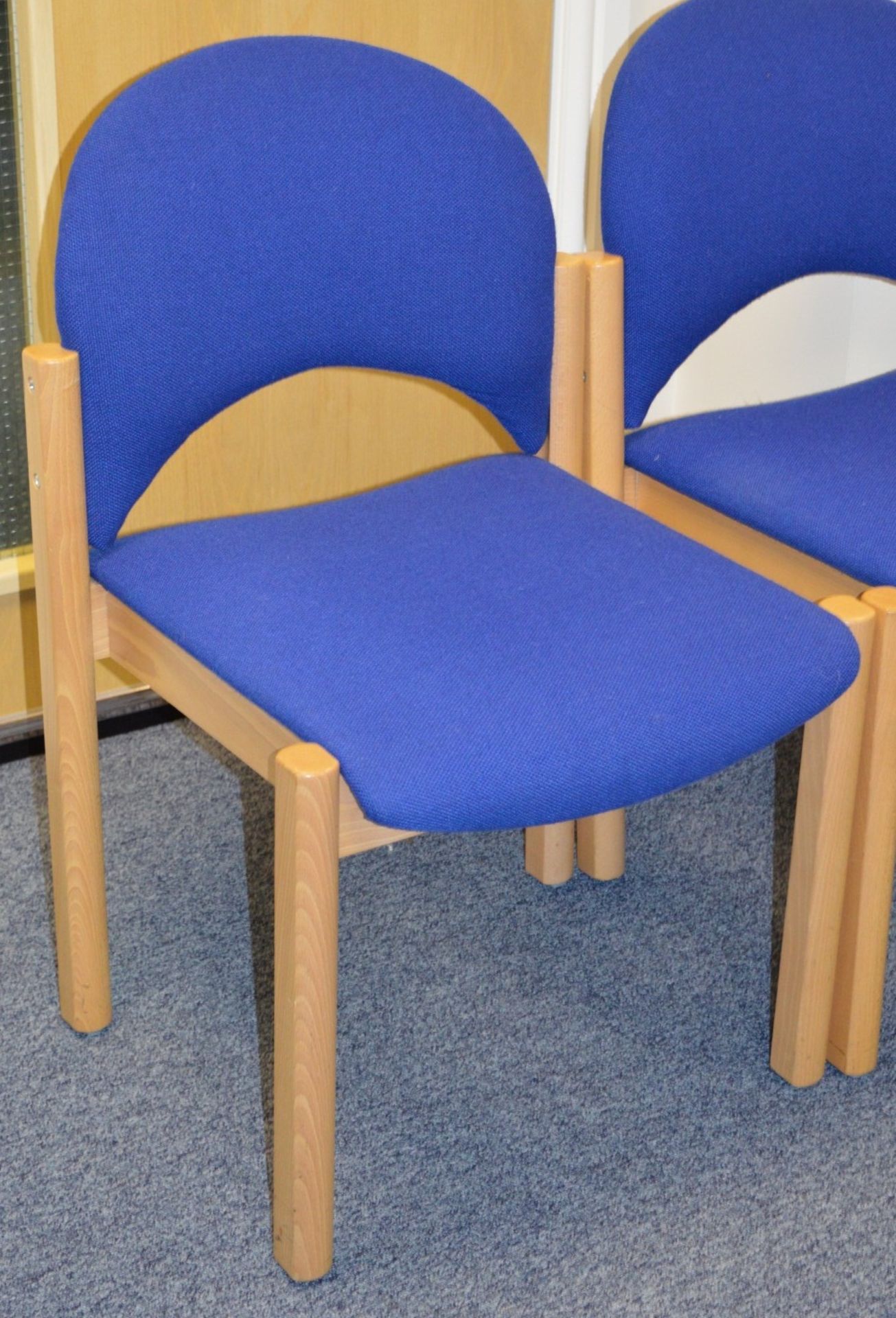 5 x Wood Reception Chairs With Waterfall Front Seat Cushions - Beech Wood and Blue Hardwearing - Image 2 of 2