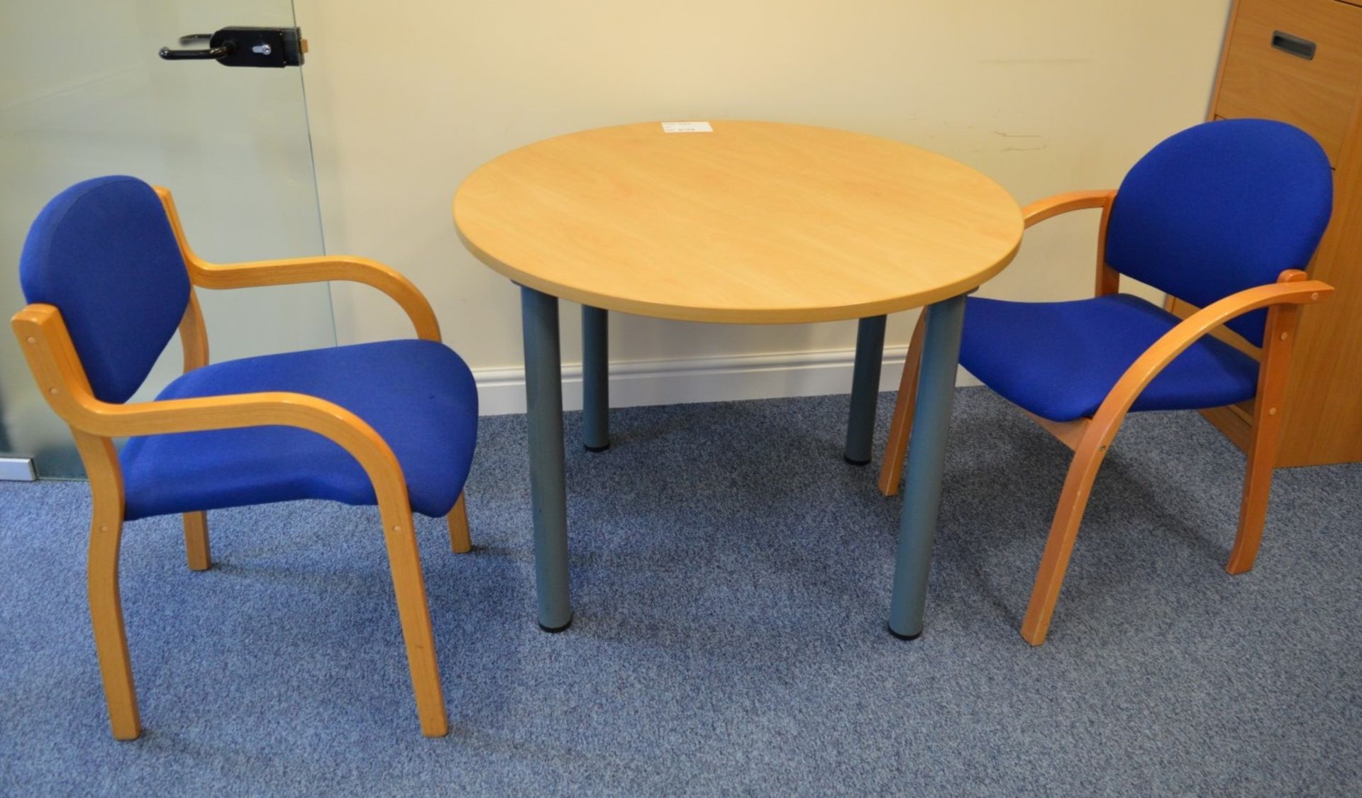 1 x Meeting Taable With Beech Finish and Two Curved Wood Meeting Chairs - H73 x W100 x D100 cms -