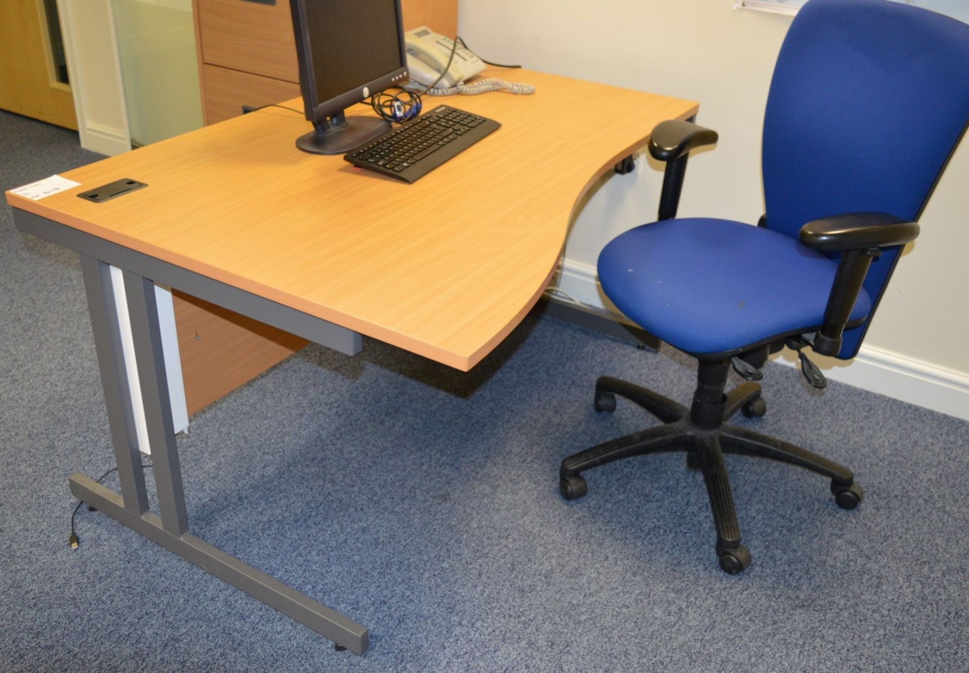 1 x Office Desk With Beech Top, Grey Coated Steel Frame and Blue Office Swivel Chair - H72 x W140