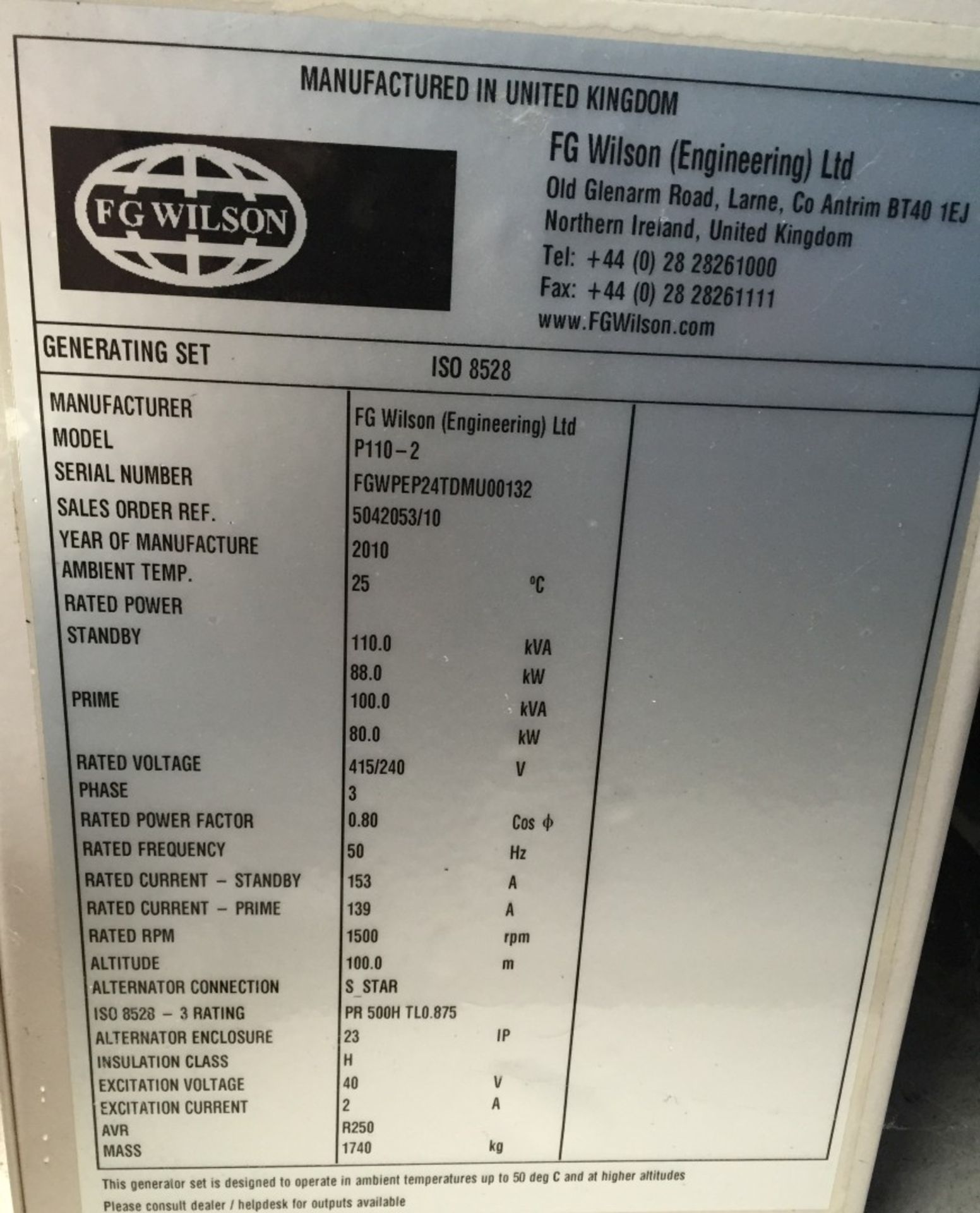 1 x FG Wilson P110-2 Diesel Generator - 110kVA - Year 2010 - With Service History - Powered By - Image 19 of 20