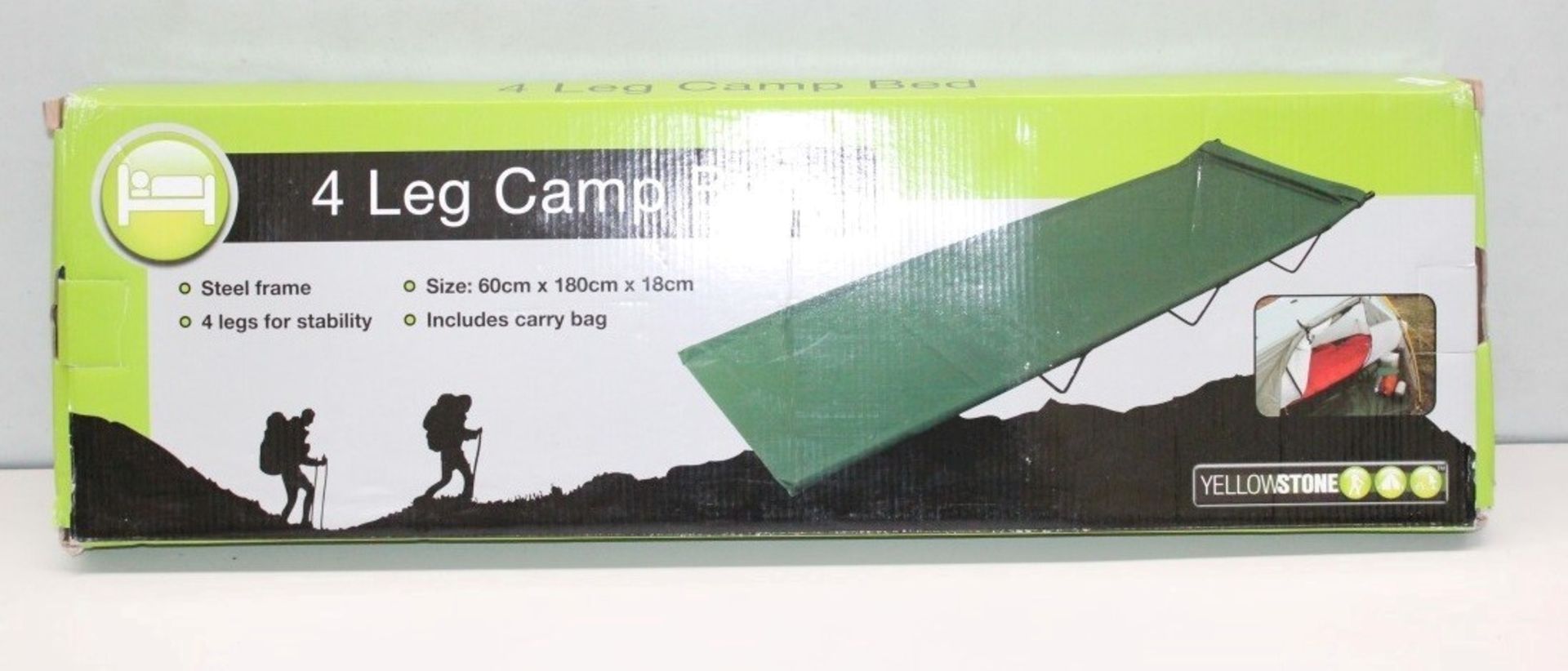 1 x Yellowstone 4 Leg Camp Bed - Green - 8mm Steel frame - Dimensions: 60 x 180 x 18cm - New & Boxed - Image 2 of 2