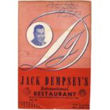 DEMPSEY JACK: (1895-1983) American Boxer, World Heavyweight Champion 1919-26. A printed folio menu