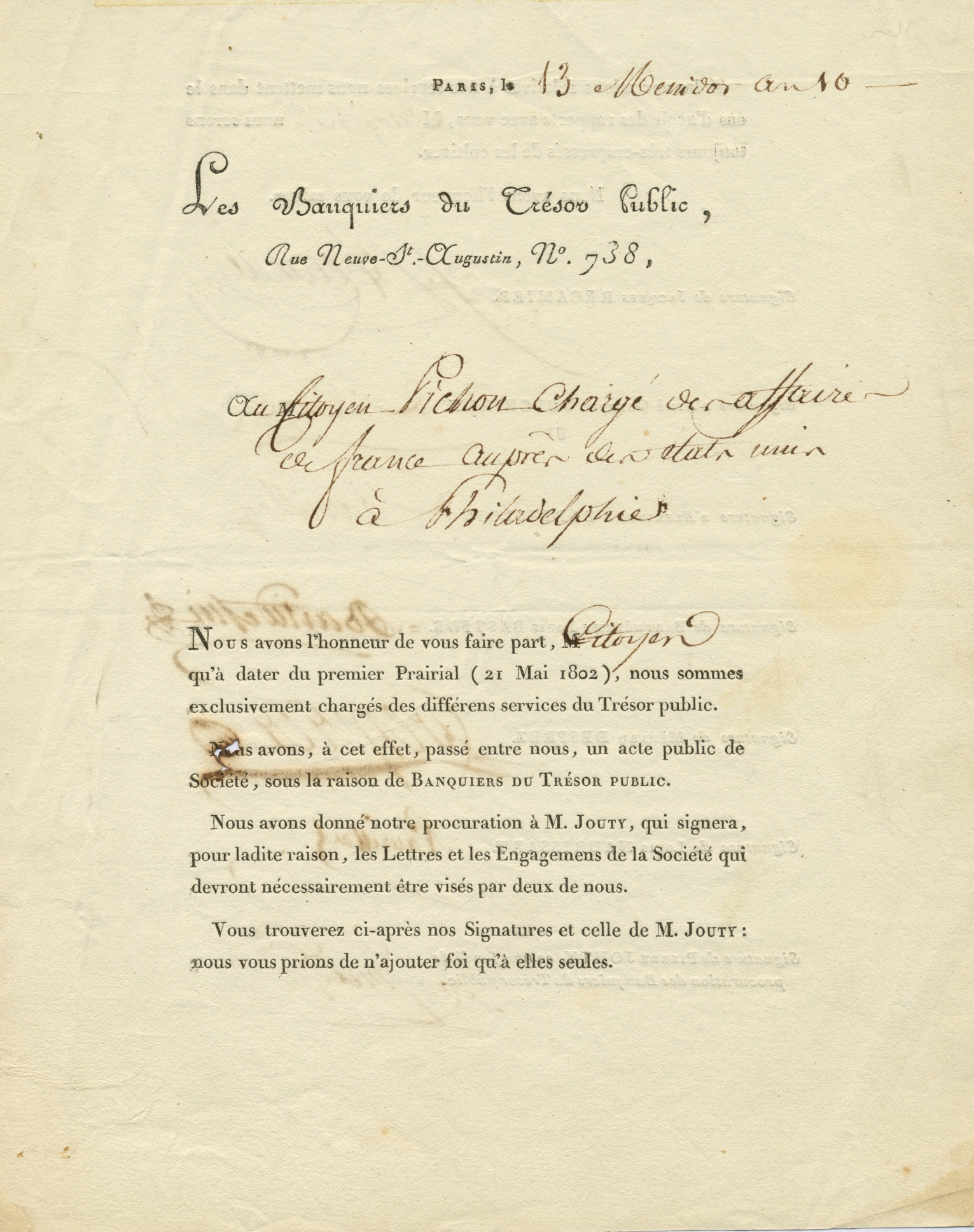 [BANK OF FRANCE]: D.S., by seven Bankers of the Treasury, two pages, 4to, Paris, 2nd July 1802, to