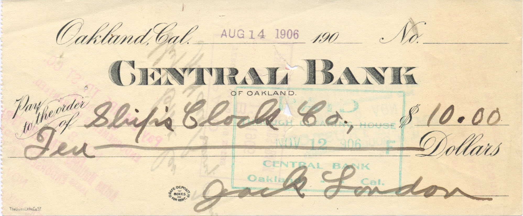LONDON JACK: (1876-1916) American Author. D.S., Jack London, being a signed cheque, Oakland, 14th