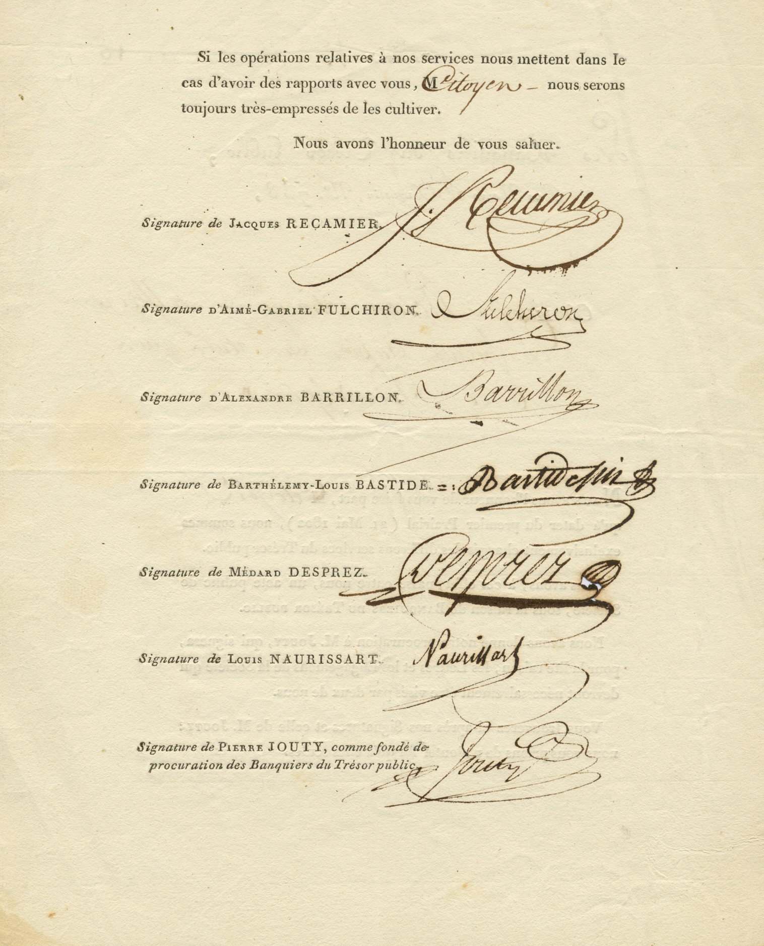 [BANK OF FRANCE]: D.S., by seven Bankers of the Treasury, two pages, 4to, Paris, 2nd July 1802, to - Image 2 of 2