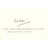 AUDEN W. H.: (1907-1973) Anglo-American Poet. Blue ink signature ('W. H. Auden') on a card, with a