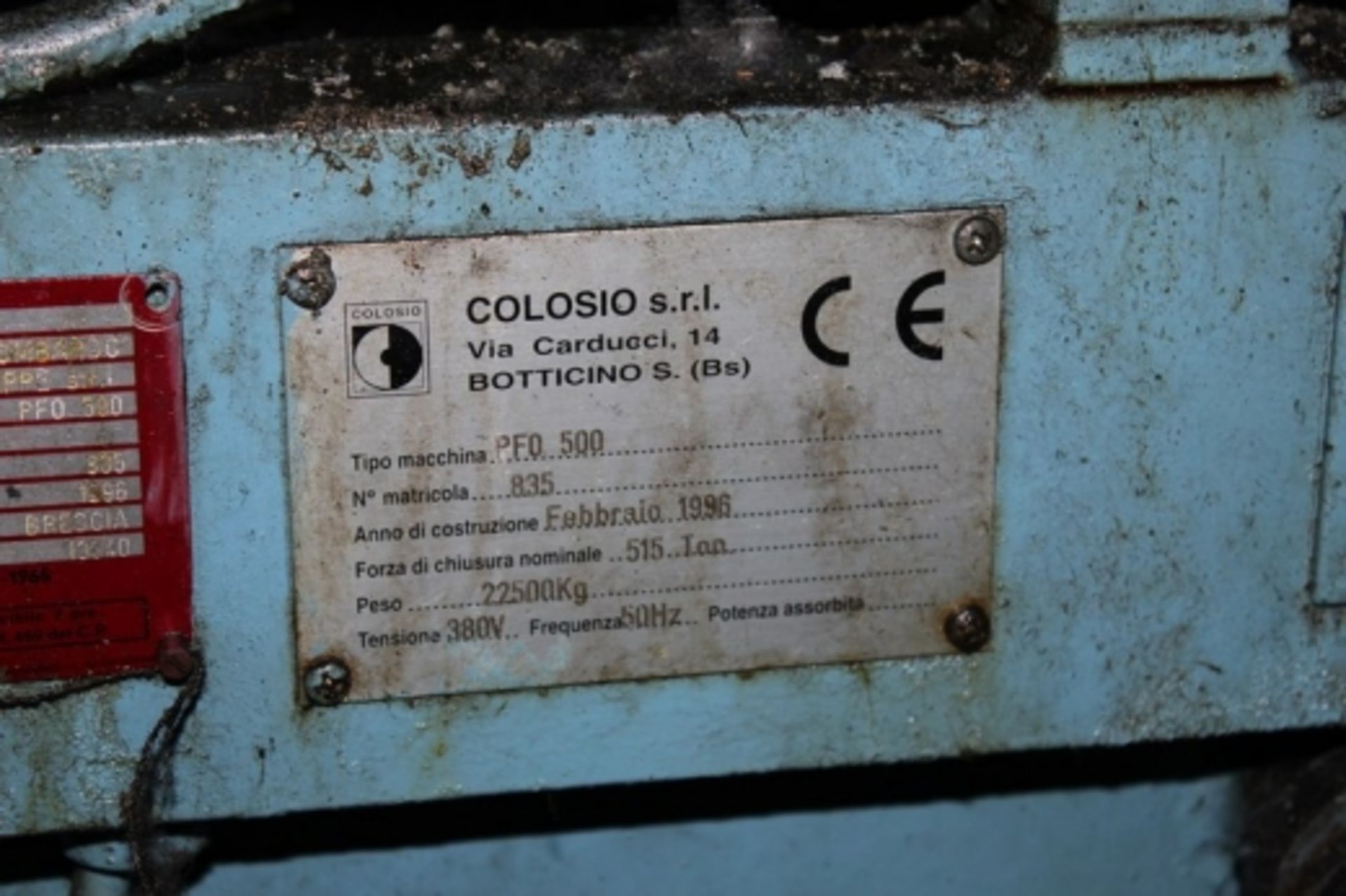 1,Die casting unit 500Colosio for moulding and die casting PFO 500 year 1996, serial no. 835 power - Image 2 of 21