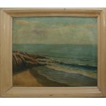 Spiaggia, olio su tela, cm.55x46 con cornice coeva. Firmato A.J. Hathaway