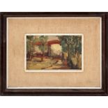 Paesaggio, olio su cartoncino telato, Mario Curti 1973, cm. 15x10 cornice coeva