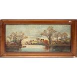 Paesaggio fluviale con pescatori, siglato B.M.P. 1913,  olio su tela cm.49x23, cornice coeva