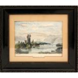 Castello sul lago, acquerello su carta C.F.Driffield 1865 cm.24x19 cornice primi dell'900.