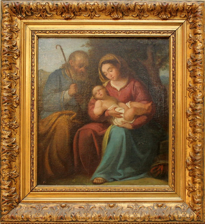 Sacra Famiglia, olio su tela, scuola Italiana del '700, cm. 35x37, cornice fine '800