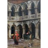 Scorcio di cortiletto Veneziano con figure,  firmato Ella M. Bedford 1882-1908, olio su tela, cm.