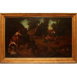 Scena campestre, scuola fiamminga dell'700, olio su tela, cm. 112x85 cornice coeva a mecca