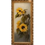 Papaveri e girasoli, coppia di dipinti, olio su cartoncino telato E.Oxtoby 1908 cm. 30x70 cornice