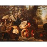 Natura viva con cane galli e galline, Lombardia fine '600, olio su tela, cm. 123x95