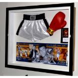 A stunning montage of Muhammed Ali imported from Las Vegas, Signed Shorts & Glove Valued at £8k