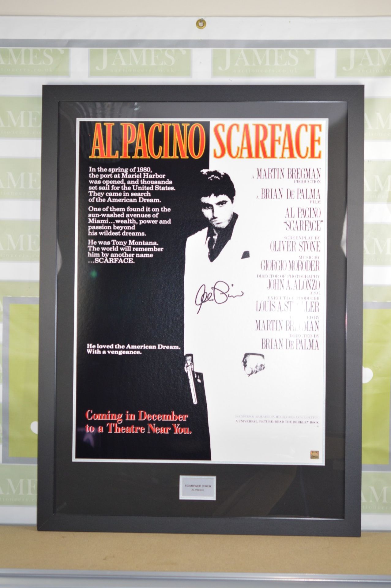 A signed Scarface Al Pacino advertising poster professionally framed and comes with 2 COA's RRP £499