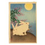 Koson Ohara, Two white rabbits, 20th Century, Japanese Woodblock Print