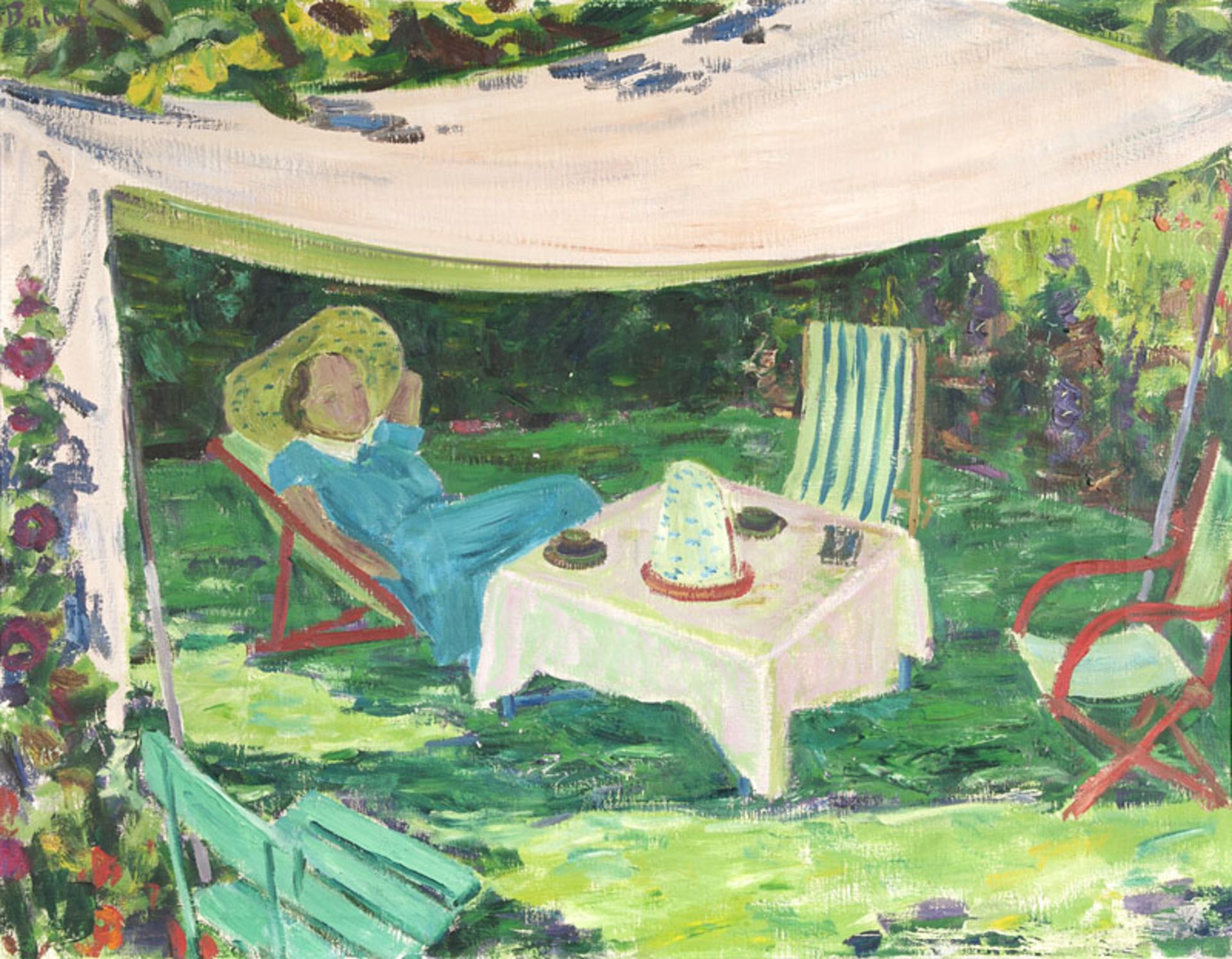 Balwé, Arnold. (1898 Dresden - 1983 Prien am Chiemsee). Gartenzelt. Öl auf Leinwand. 85 x 110 cm.