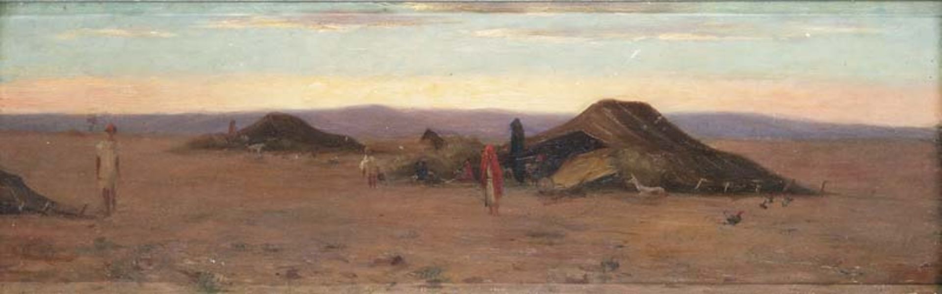 Cathoire, Paul. (20. Jhd.). Beduinen in der Wüstenlandschaft. 1904. Öl auf Holz. 45 x 14,5 cm.