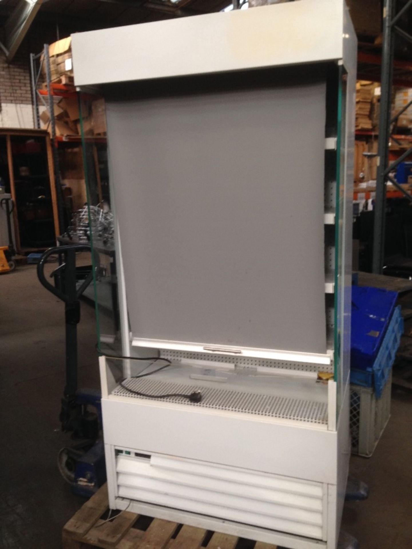 White open front display refridgerator with pull down curtain and lighting - Image 2 of 2