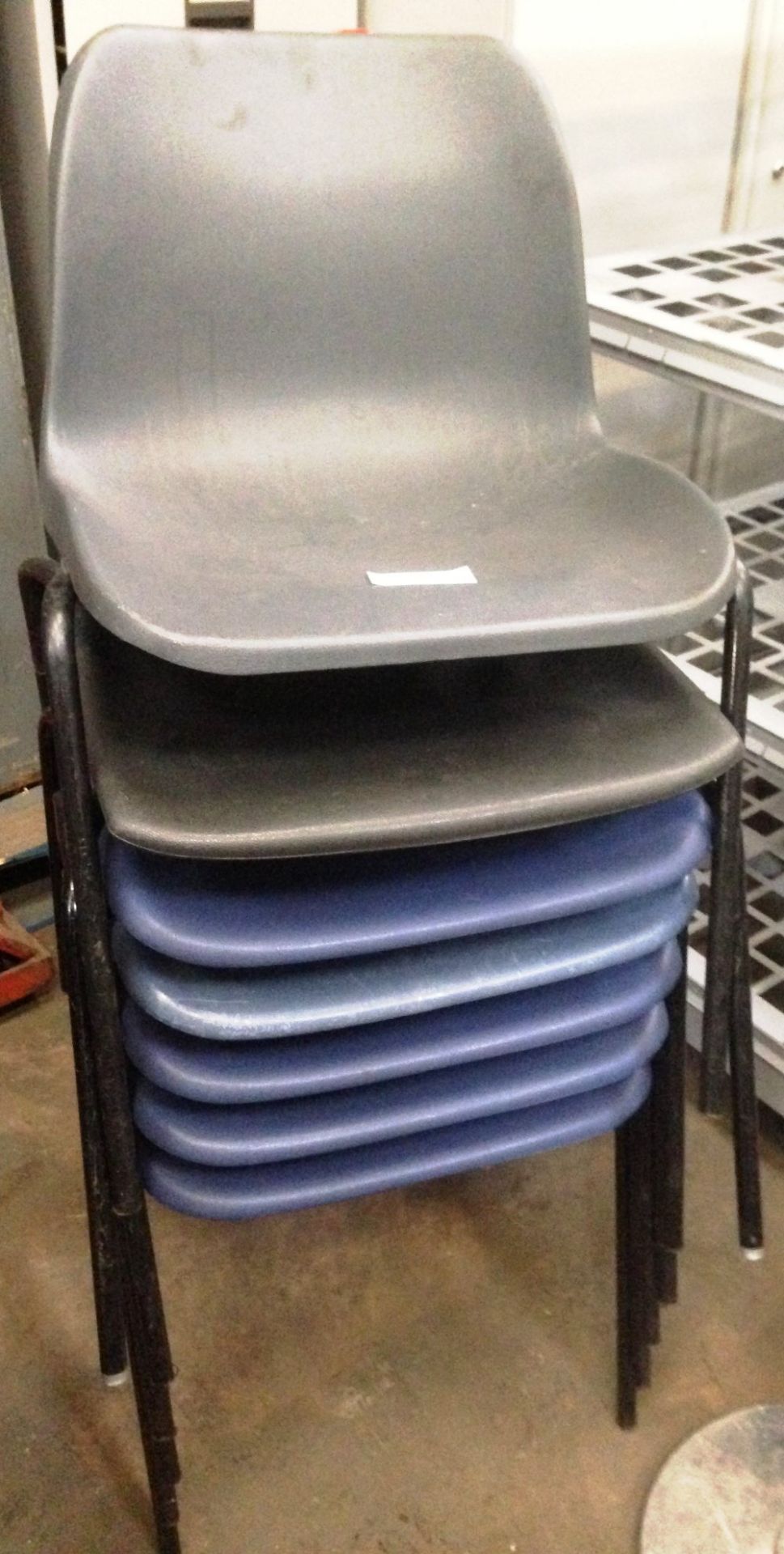 7 x plastic stackable chairs - grey and blue - staffroom, canteen,waiting etc