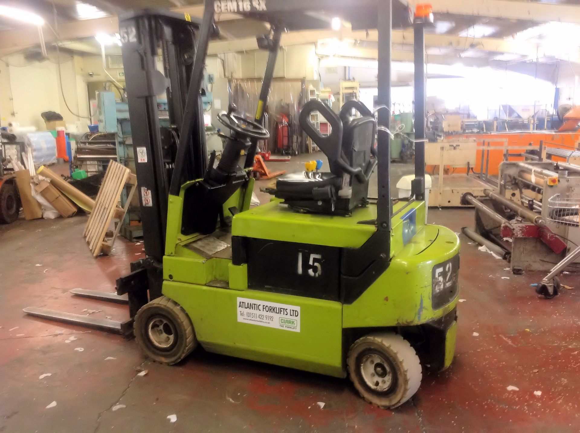 Clarke Model CEM 16-SX 1600 kg electric forklift truck with integral side shift & charger