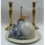 A large white glazed fruit bowl, various fruit ornaments, a brass candle wick trimmer, a pair of