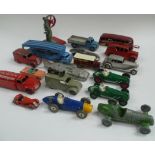 Five various Dinky die cast racing cars and a quantity of other die cast Dinky and other toys.