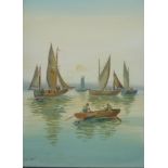 J.A. Jameson, two unframed gouache on board paintings of sail boats at sunrise and sunset, both