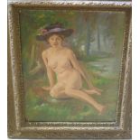 An oil on canvas nude portrait of a lady wearing a hat within a woodland glade, signed 'W. de