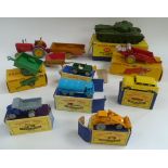 A boxed Dinky toy Centurion Tank, a similar Land Rover trailer, a Massey-Harris Manure Spreader,