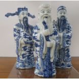 A set of three contemporary blue and white Chinese house God figurines.
